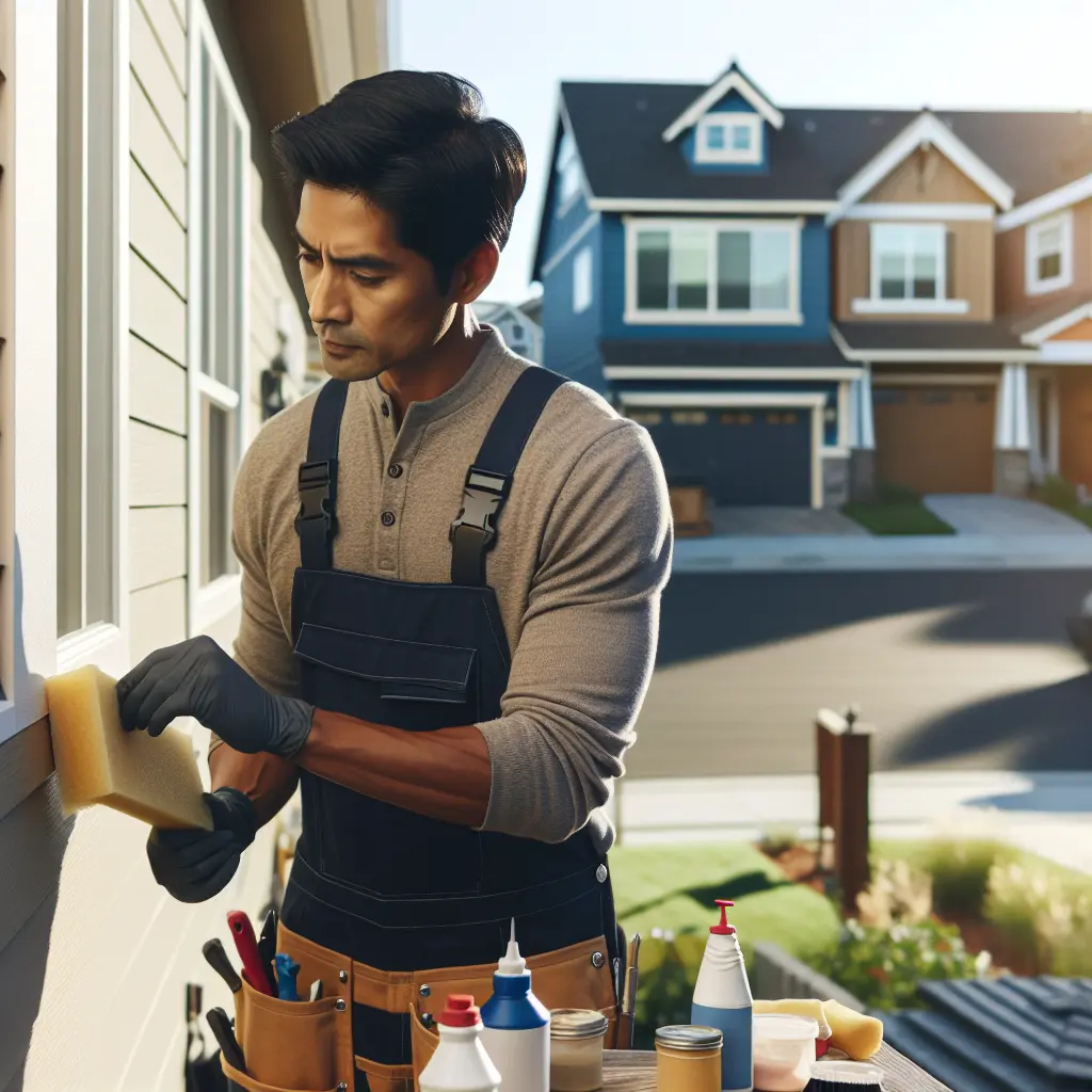 A homeowner maintaining siding, inspecting for damage and cleaning, in a residential neighborhood, using various tools like brushes and sealants, amidst the backdrop of houses with different types of siding like vinyl, wood, and fiber cement, during a sunny day. The image must be natural, realistic, in 2018, style raw, 8K, taken on iPhone, --ar 16:9