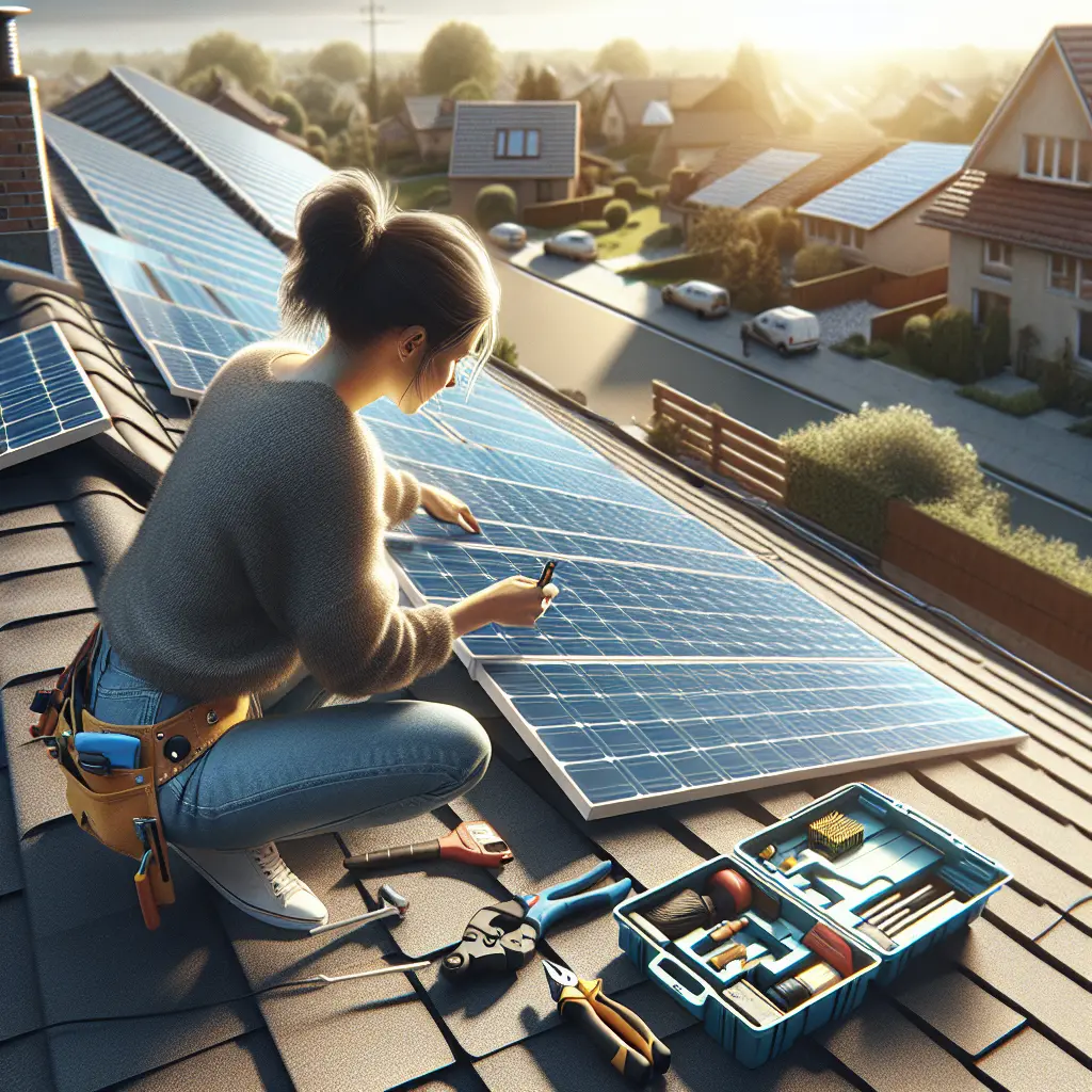 A homeowner evaluating their roof for solar panel installation, inspecting and repairing minor damages, on a suburban house rooftop, surrounded by solar panels and tools, bright sunny day highlighting solar energy investment. The image must be natural, realistic, in 2018, style raw, 8K, taken on iPhone, --ar 16:9