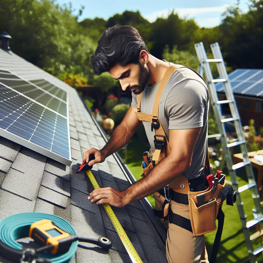 A homeowner evaluating their roof for solar panel installation, inspecting the roof's condition and materials, on a sunny day in their backyard with professional assessment tools nearby. The image must be natural, realistic, in 2018, style raw, 8K, taken on iPhone, --ar 16:9