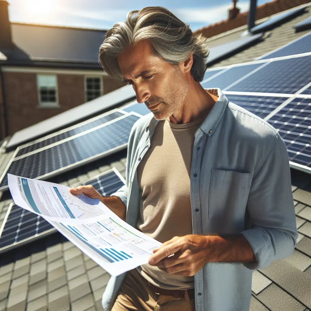 Homeowner considering solar panel installation, researching key factors, rooftop of a modern house under bright daylight. Important factors include roof condition, material compatibility (asphalt shingles, metal roofing, tile shingles), and local regulations, all contributing to enhanced solar energy system performance and financial benefits. The image must be natural, realistic, in 2018, style raw, 8K, taken on iPhone, --ar 16:9