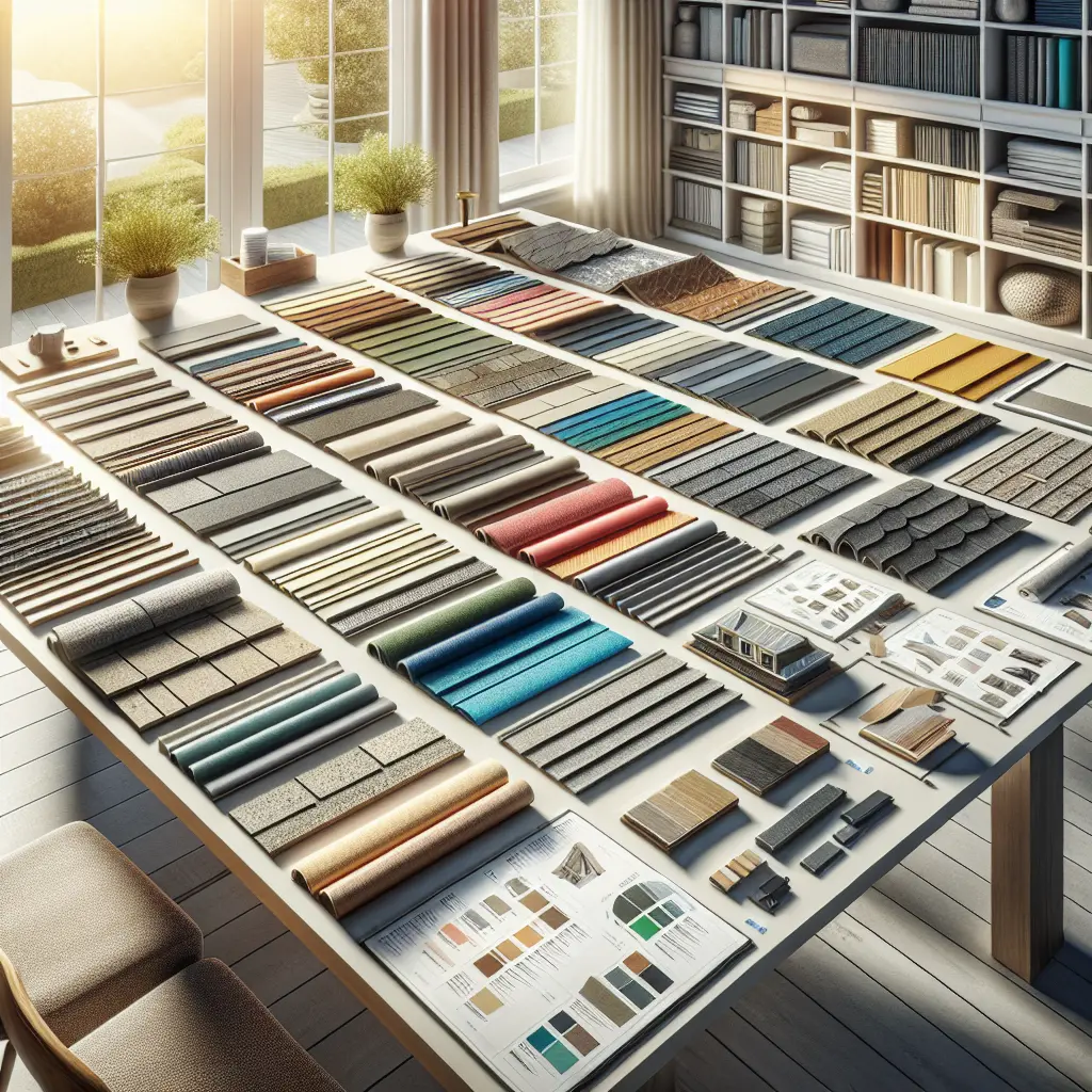 A variety of roofing materials organized on a table, displaying choices for homeowners, highlighting differences in texture, color, and durability. This setup is in a well-lit room, with referencing guides and notes visible on the side, reflecting a thorough decision-making process about roofing options. The image must be natural, realistic, in 2018, style raw, 8K, taken on iPhone, --ar 16:9