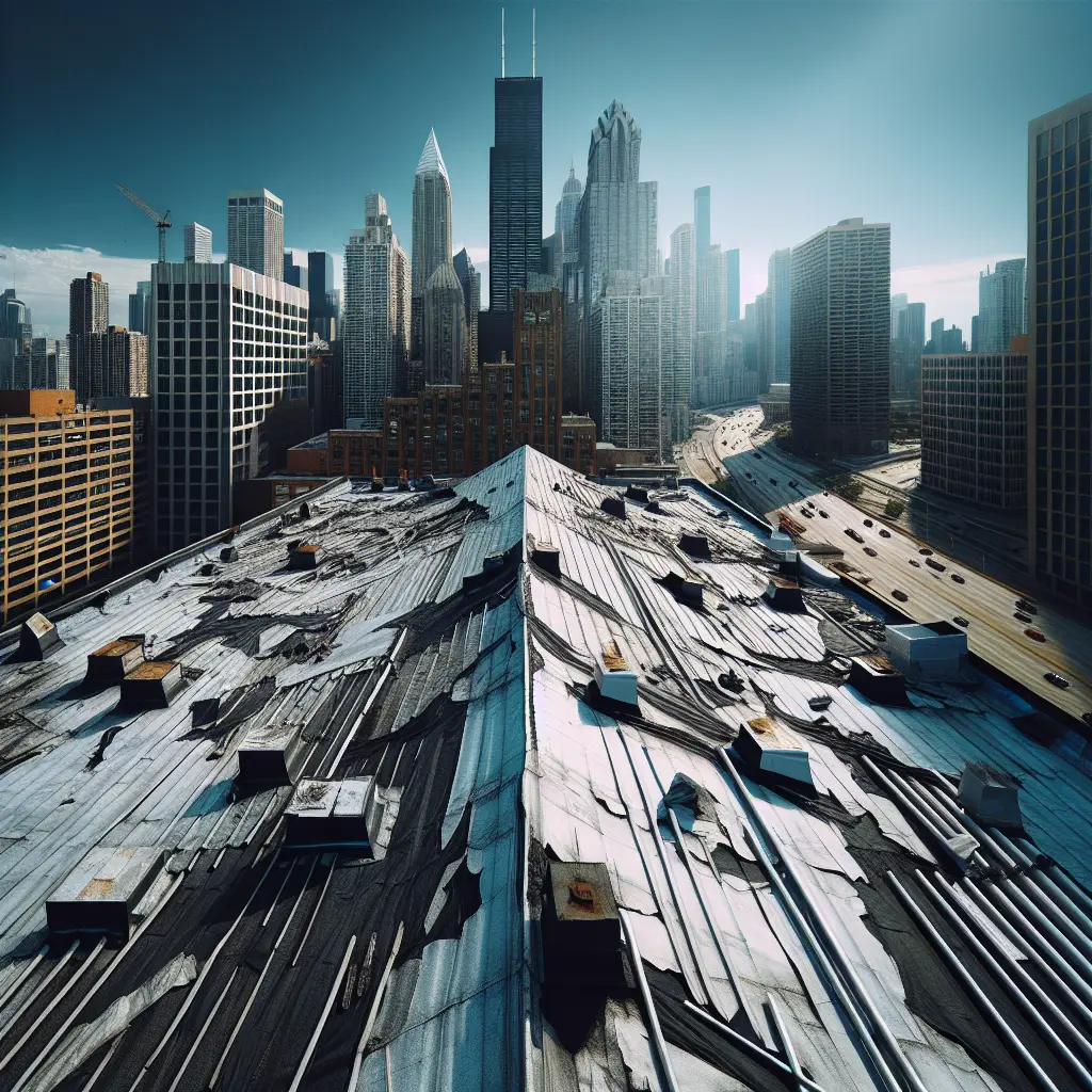 The roof of a commercial building, standing resilient amidst an urban landscape, showcasing signs of wear due to poor installation and membrane wear, with visible flashing failures and inadequate flashing, under bright daylight emphasizing its condition. The image must be natural, realistic, in 2018, style raw, 8K, taken on iPhone, --ar 16:9